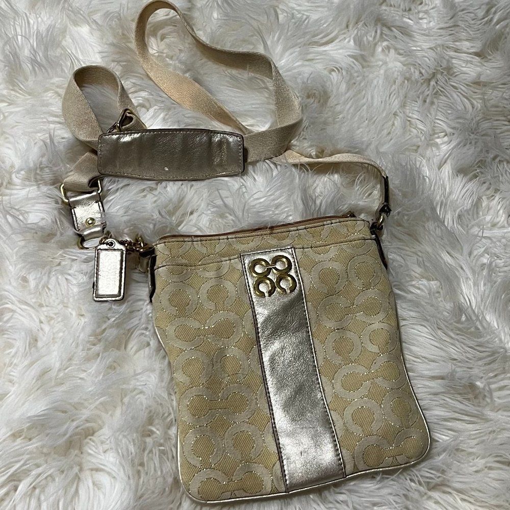 Coach Off White Julia Signature Stripe Metallic Crossbody, Messenger Bag